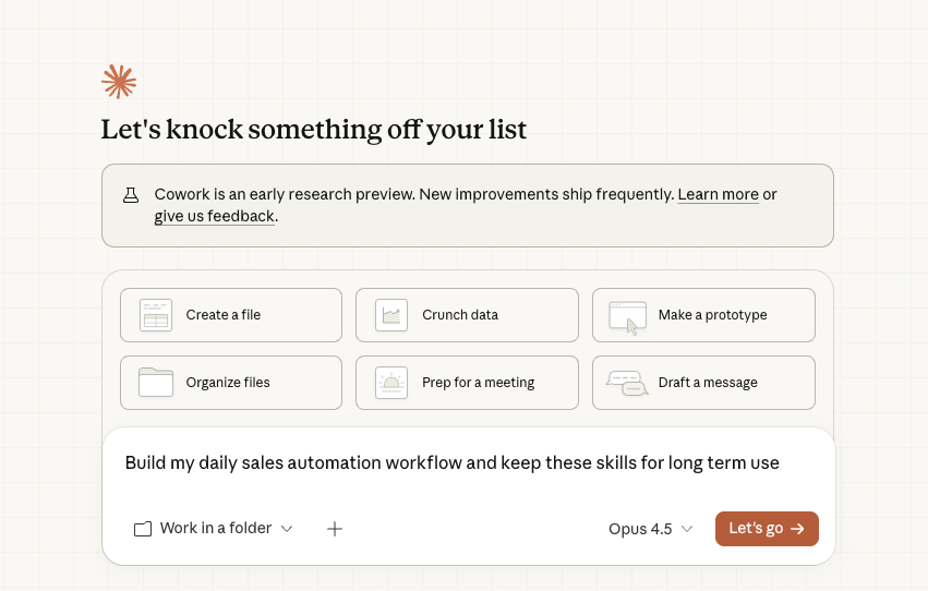 Claude Desktop interface showing chat input where you can ask Claude to help with tasks like building sales automation workflows