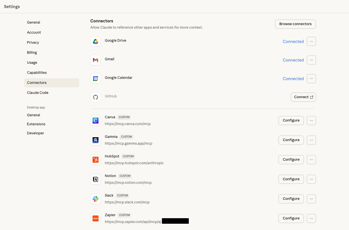 Claude Desktop Connectors Settings showing Google Drive, Gmail, Google Calendar connected, and custom MCP integrations for HubSpot, Notion, Slack, and Zapier