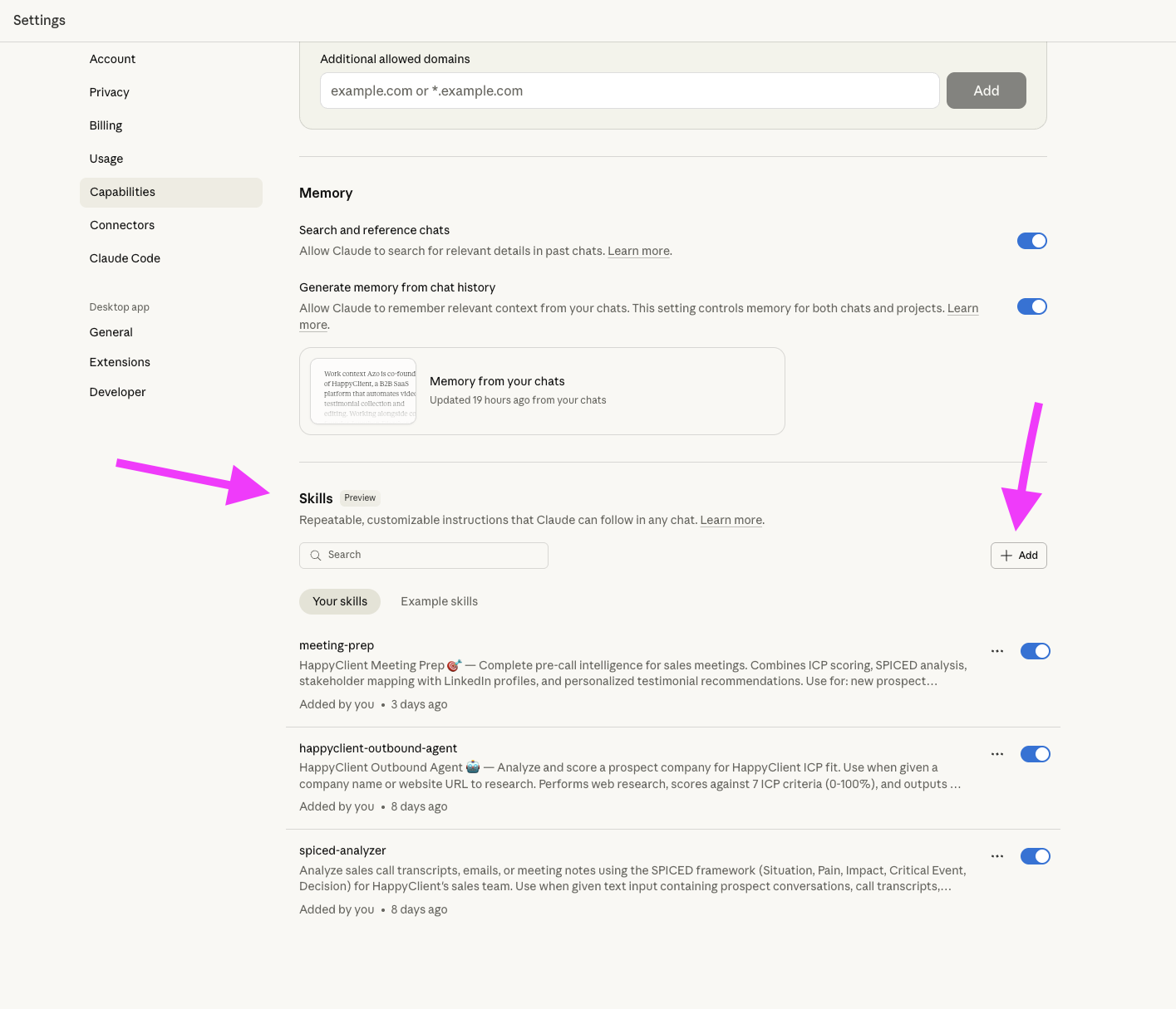 Claude Desktop Settings showing Skills section under Capabilities, with arrows pointing to Skills and the Add button